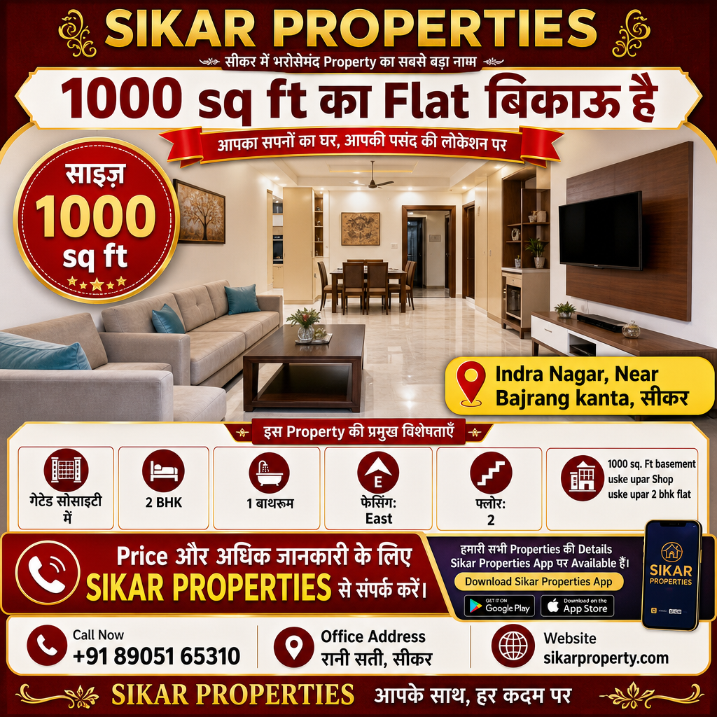 Indra Nagar, सीकर में 1000 sq ft का 2 BHK Flat बिकाऊ है
