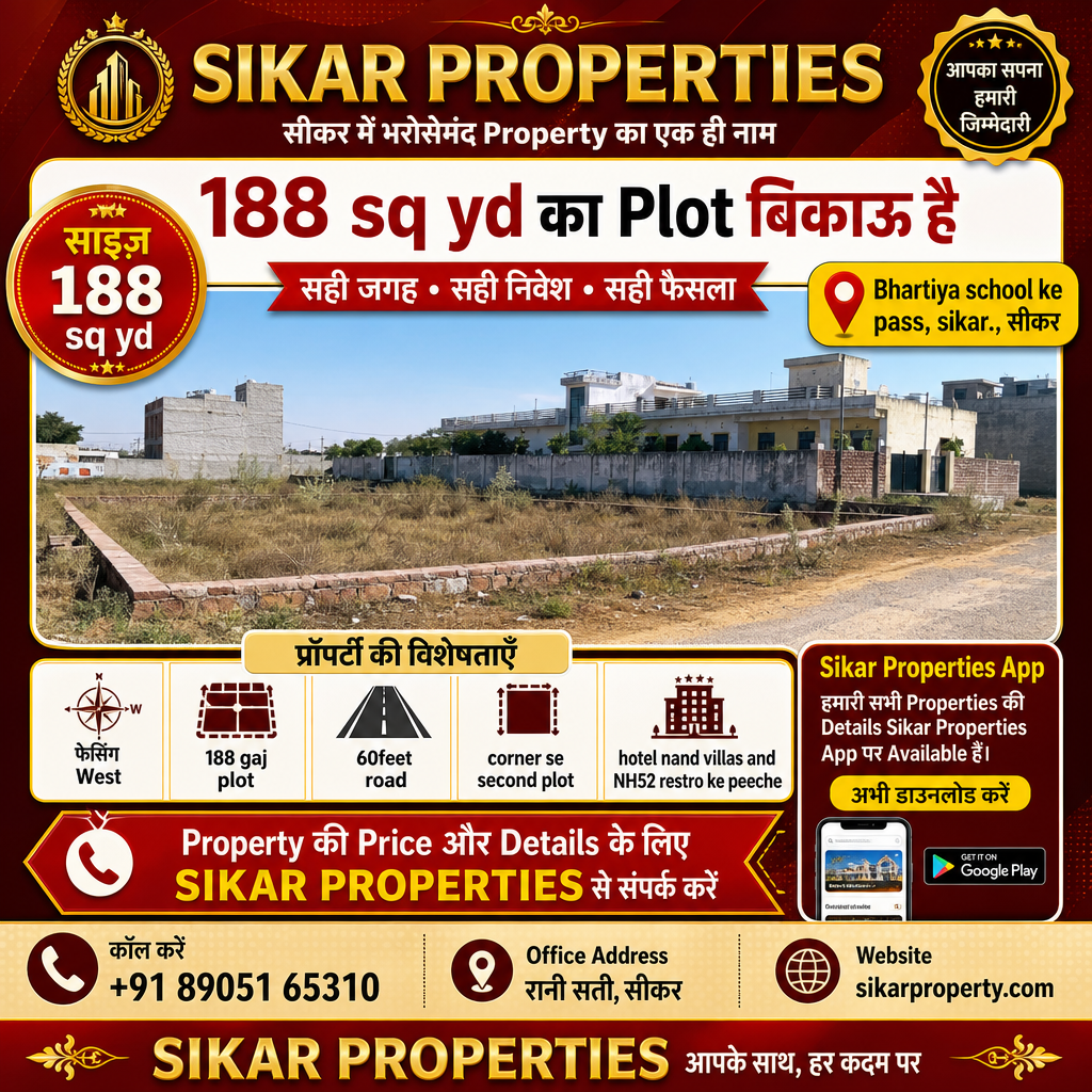 Bhartiya School ke paas, Sikar में 188 गज का Plot बिकाऊ है