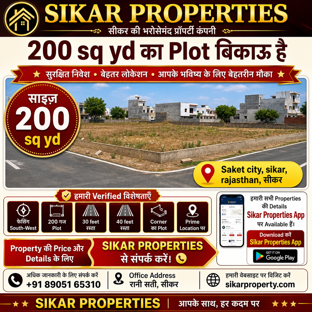 Saket City, Sikar में 200 गज का Plot — Corner Plot बिकाऊ है