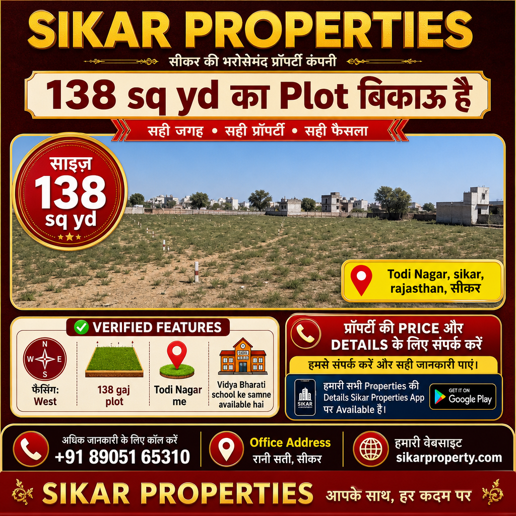 Todi Nagar, Sikar में 138 sq yd का Plot बिकाऊ है — Vidya Bharati School के सामने